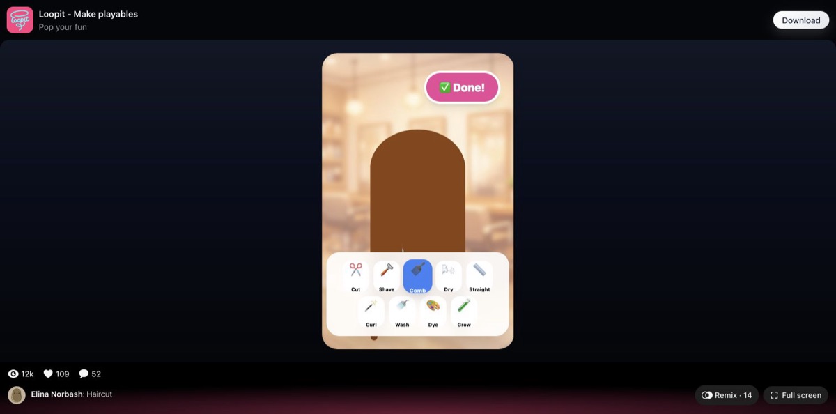 Haircut salon card with the tool palette and Done button on Loopit