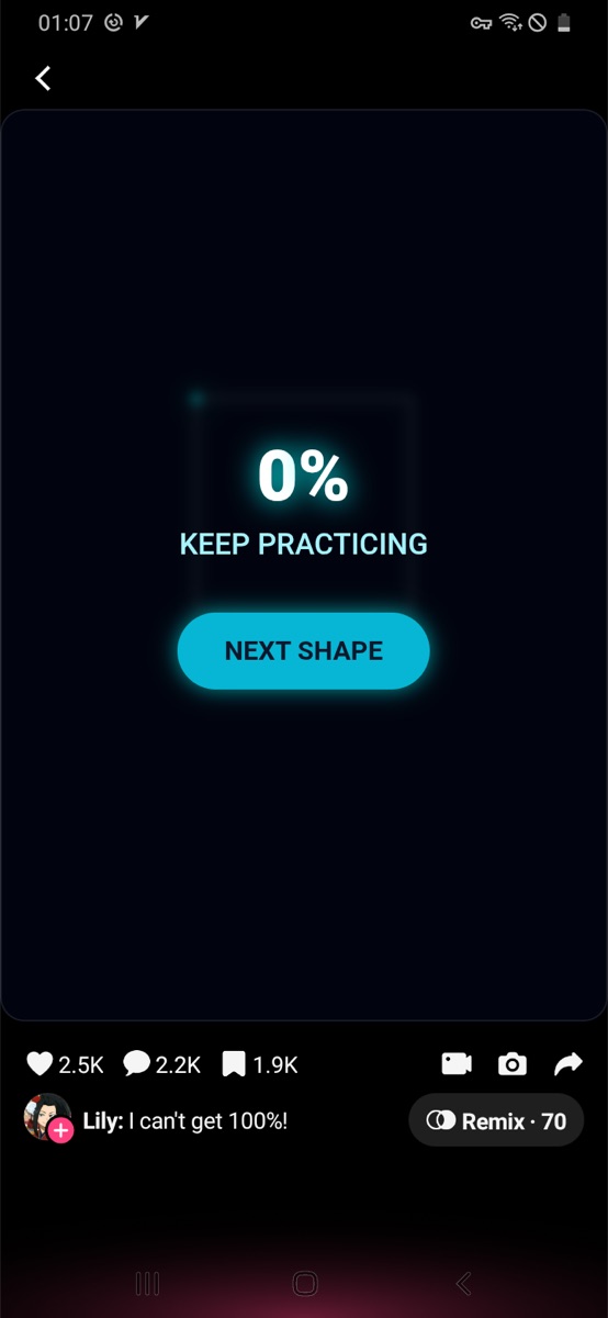 Hold to Grow Line result screen showing 0 percent and Keep Practicing.