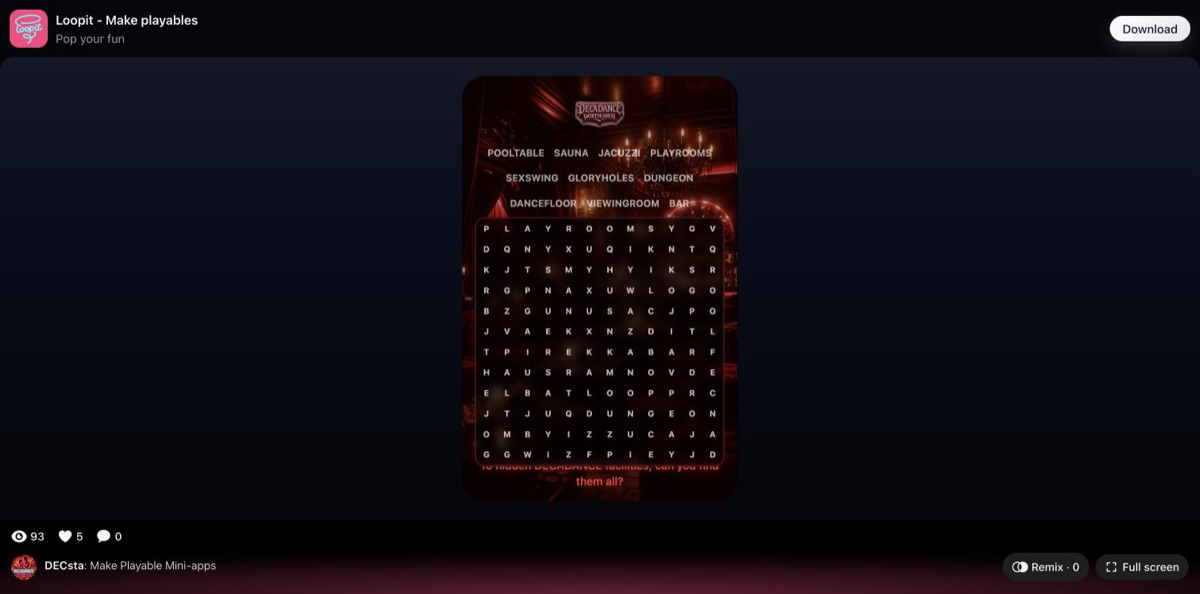 DECADANCE wordsearch board with ten facility names above the grid