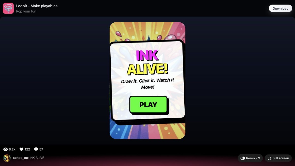 Ink Alive start card with Play button and drawing instruction.