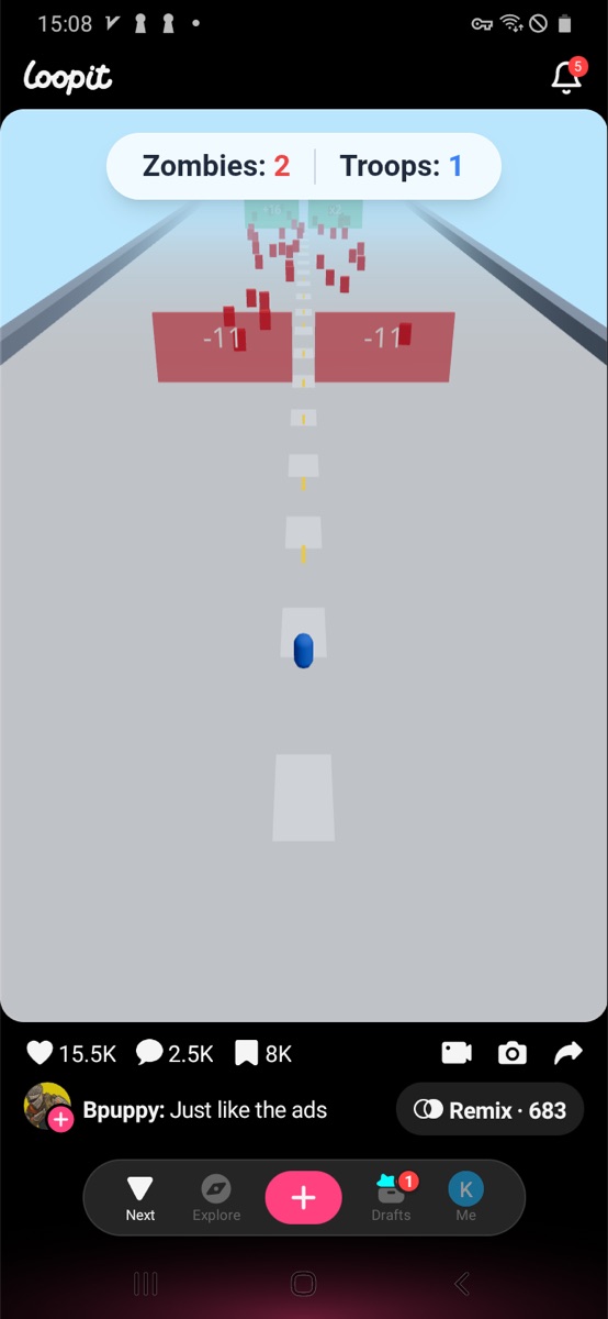 Loopit Just Like the Ads starting run with one blue troop, two zombies, and red minus gates ahead.