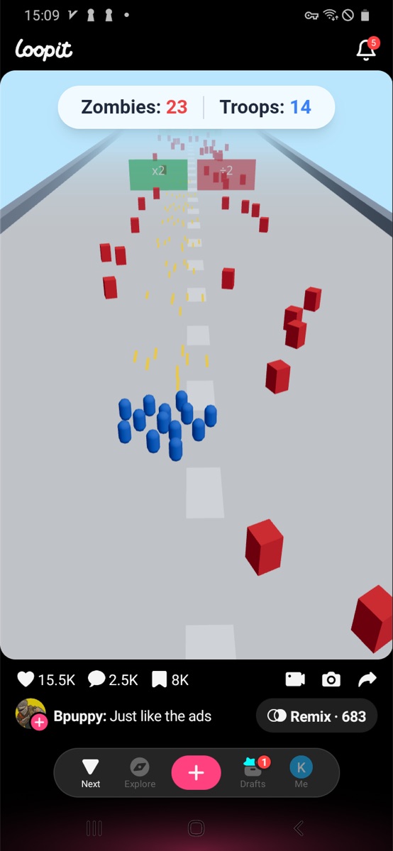 Loopit Just Like the Ads mid-run showing 14 troops, 23 zombies, and an x2 green gate ahead.