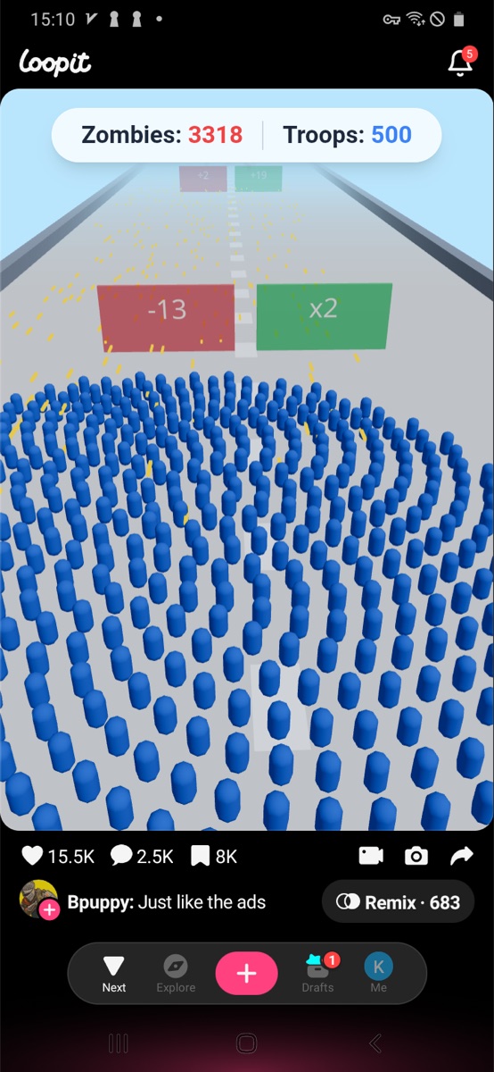 Loopit Just Like the Ads showing 500 troops and over 3000 zombies with x2 and negative gates ahead.