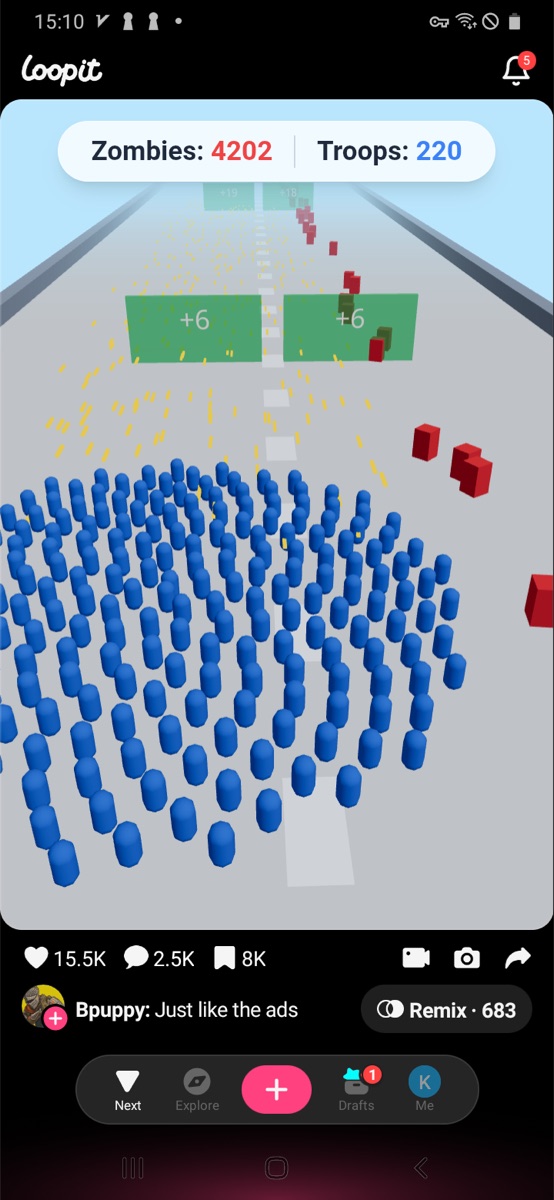 Loopit Just Like the Ads late run showing 220 troops, over 4200 zombies, and green plus gates.