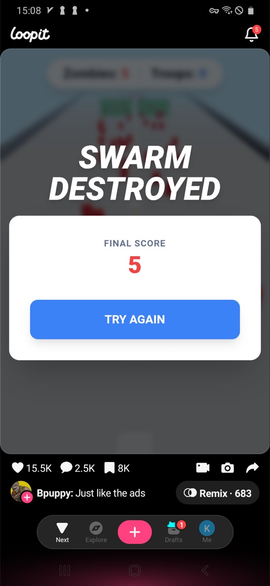 Loopit Just Like the Ads result overlay showing Swarm Destroyed and final score 5.