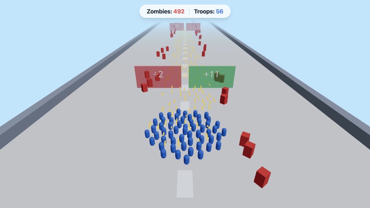 Just Like the Ads active run with 492 zombies, 56 troops, and red and green gates ahead.