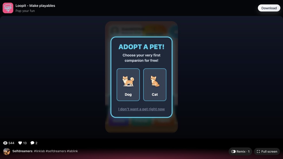 LinkLab Adopt a Pet modal with Dog, Cat, and no-pet choices.