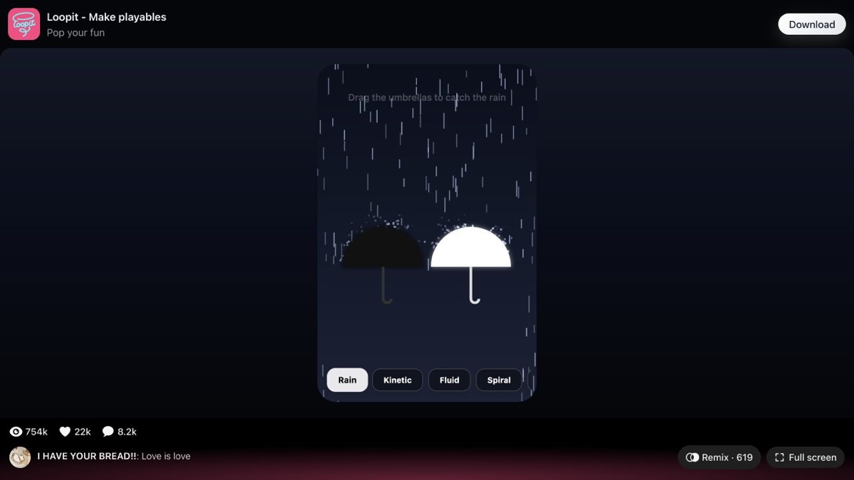 Love Is Love Loopit rain scene with two umbrellas and mode buttons.
