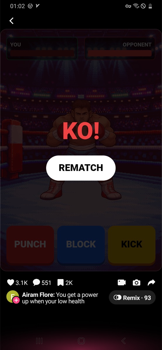 Low Health Boxing fight screen with KO and Rematch visible.