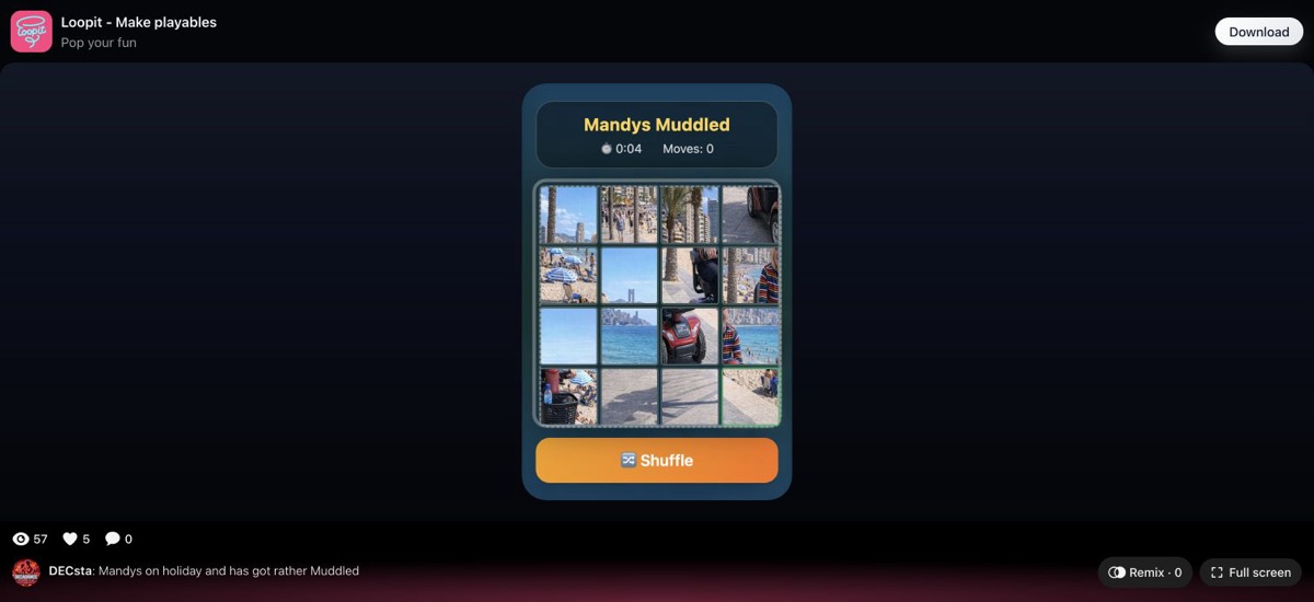 Mandys Muddled entry board with the image tiles and Shuffle button on Loopit