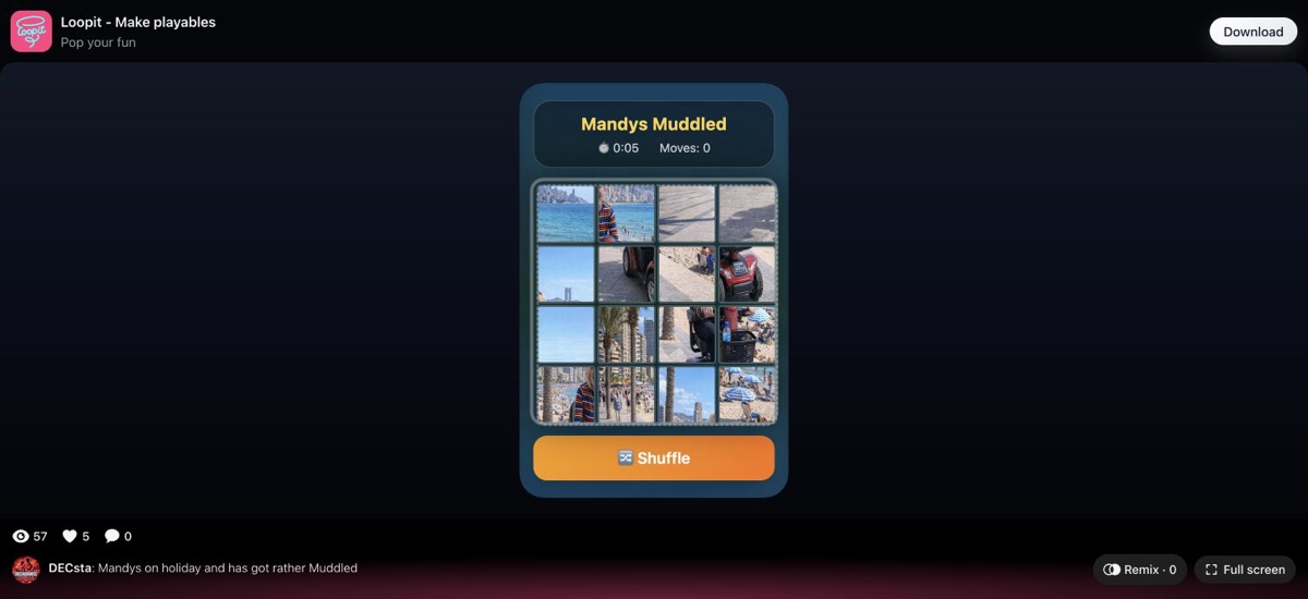 Mandys Muddled reshuffled board after tapping Shuffle on Loopit