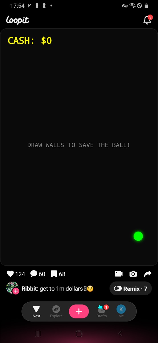 Million Dollar Ball start screen with cash at zero and a green ball.
