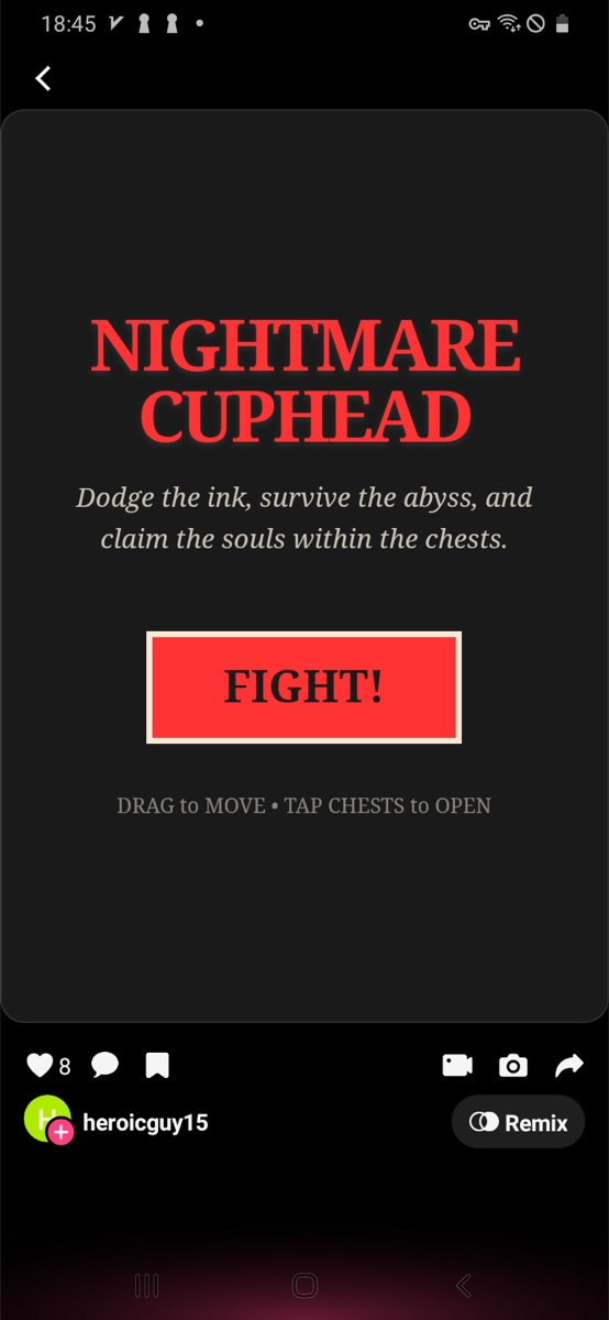 Nightmare Cuphead title screen with FIGHT button and drag to move instruction.