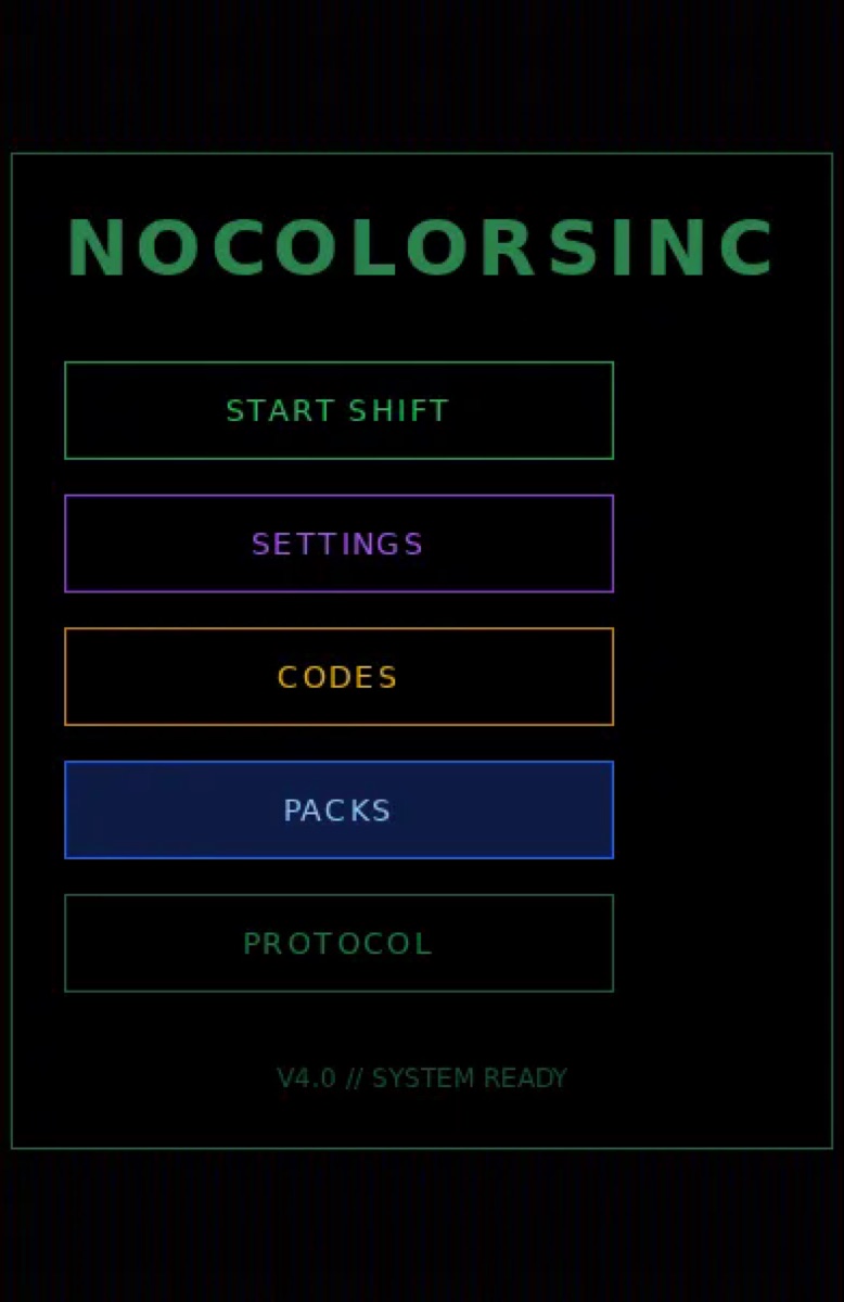 NoColorsInc V4.0 Loopit menu with Start Shift, Settings, Codes, Packs, and Protocol.