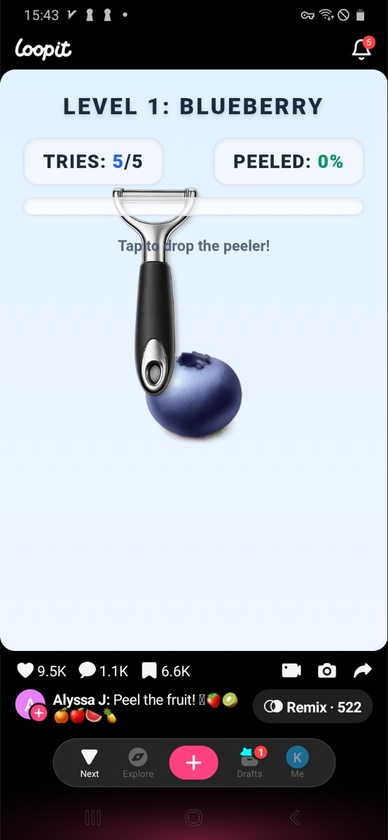 Loopit Peel the Fruit Level 1 Blueberry screen with 5 tries and Peeled 0 percent.