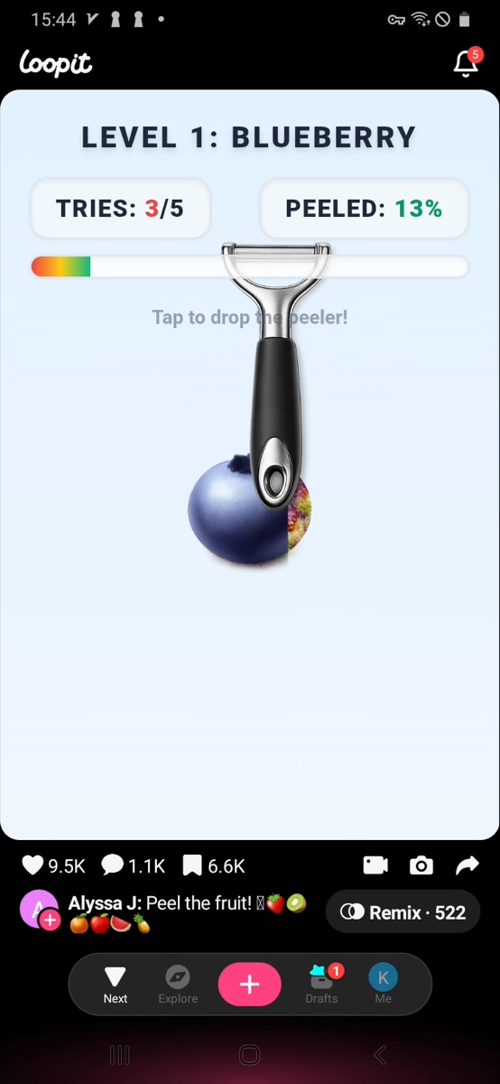 Loopit Peel the Fruit showing a successful peeler hit and Peeled 13 percent.