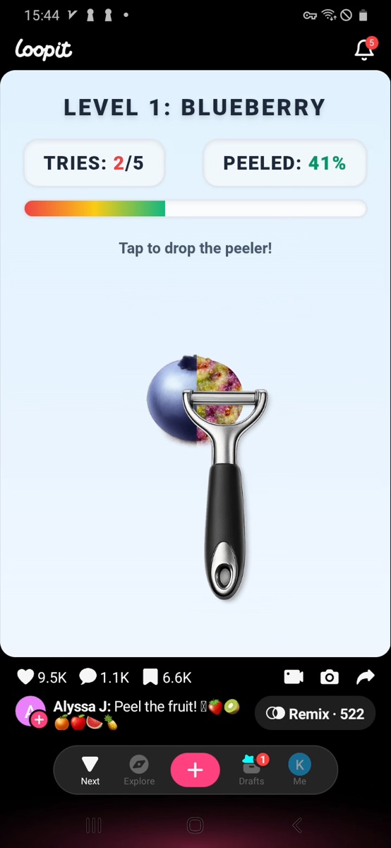 Loopit Peel the Fruit showing Peeled 41 percent with 2 tries left.