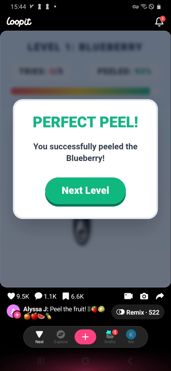 Loopit Peel the Fruit Perfect Peel success overlay after peeling the blueberry.