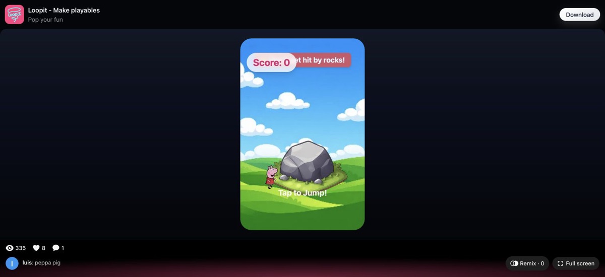 Peppa Pig start state showing Score 0 and Tap to Jump on Loopit