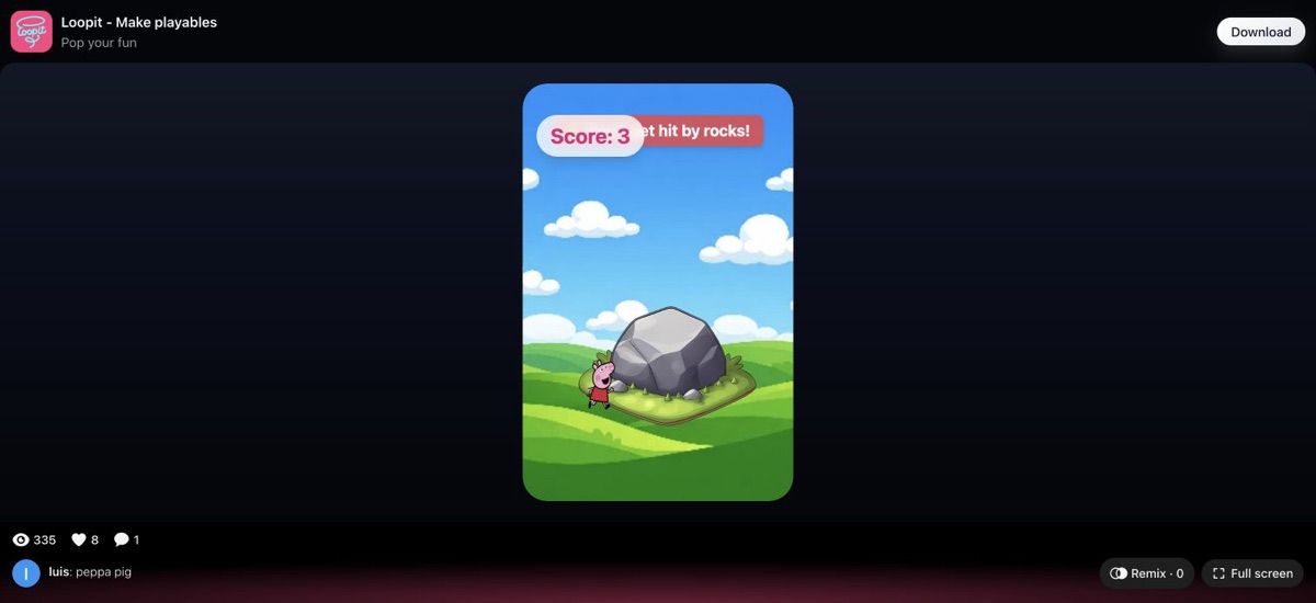 Peppa Pig live state showing Score 3 after a jump on Loopit