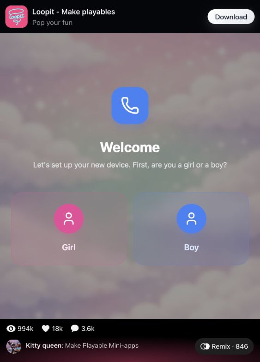 Loopit playable welcome screen asking the player to choose Girl or Boy.
