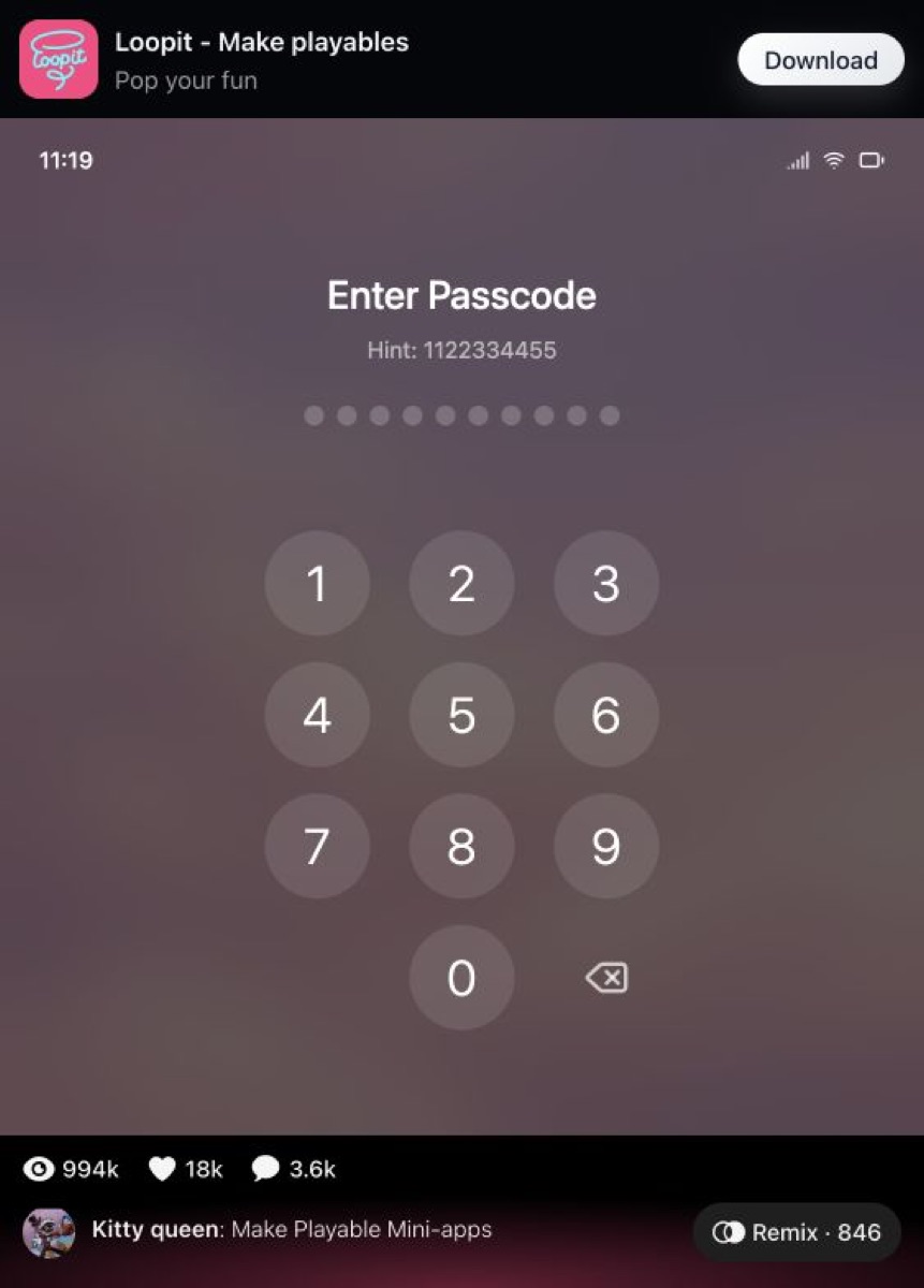 Loopit passcode screen with hint 1122334455.