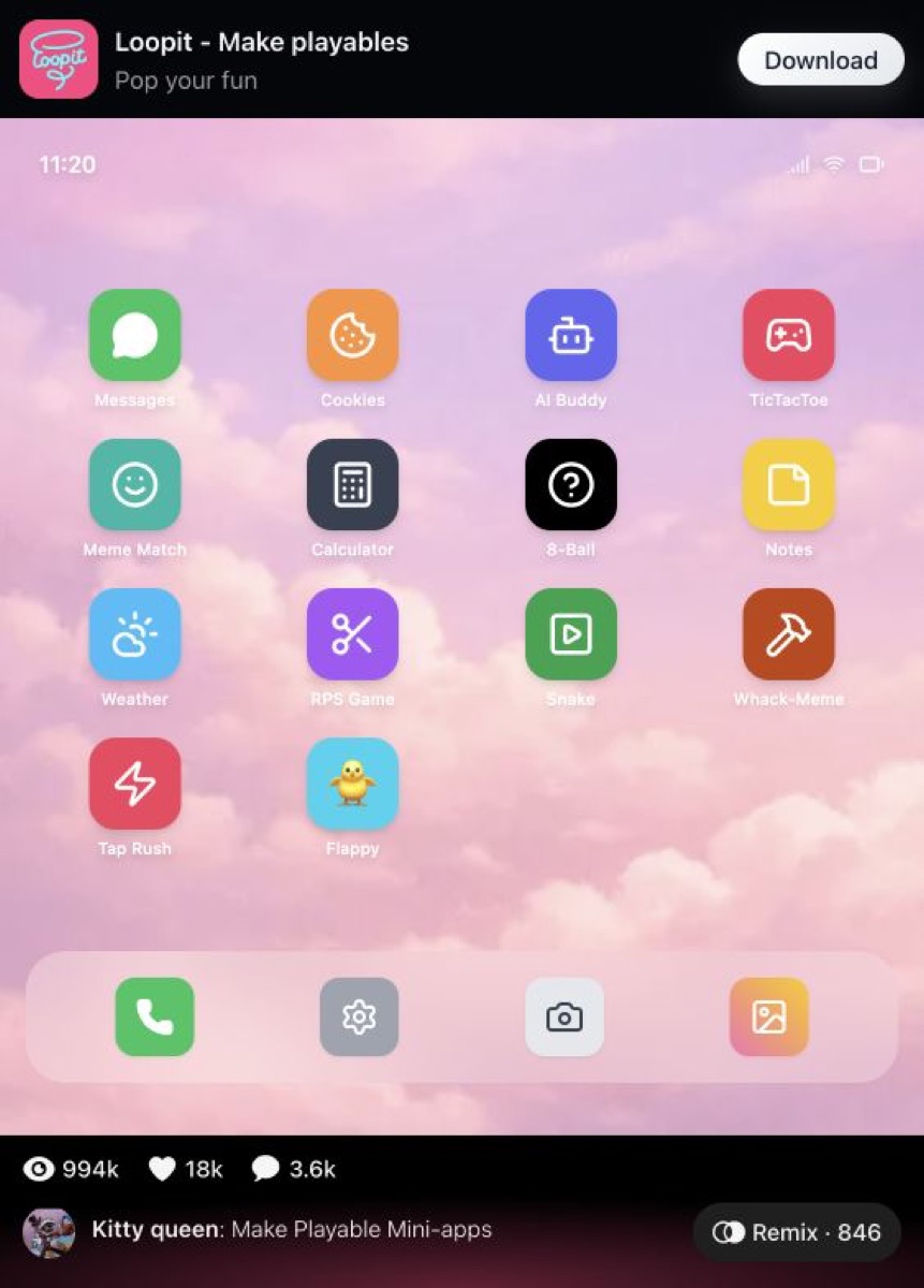 Loopit fake phone home screen with mini app icons.