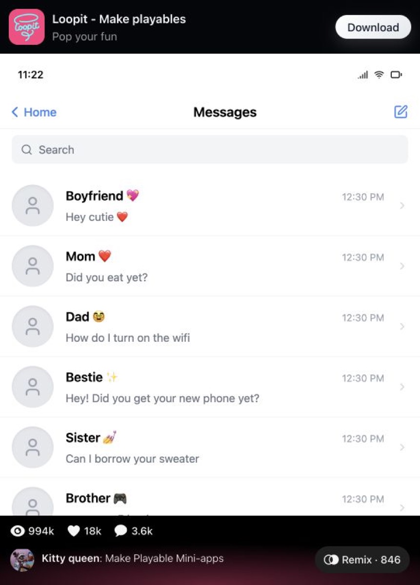 Messages mini-app showing contacts such as Boyfriend, Mom, Dad, Bestie, Sister, Brother, and Mr. Smith.