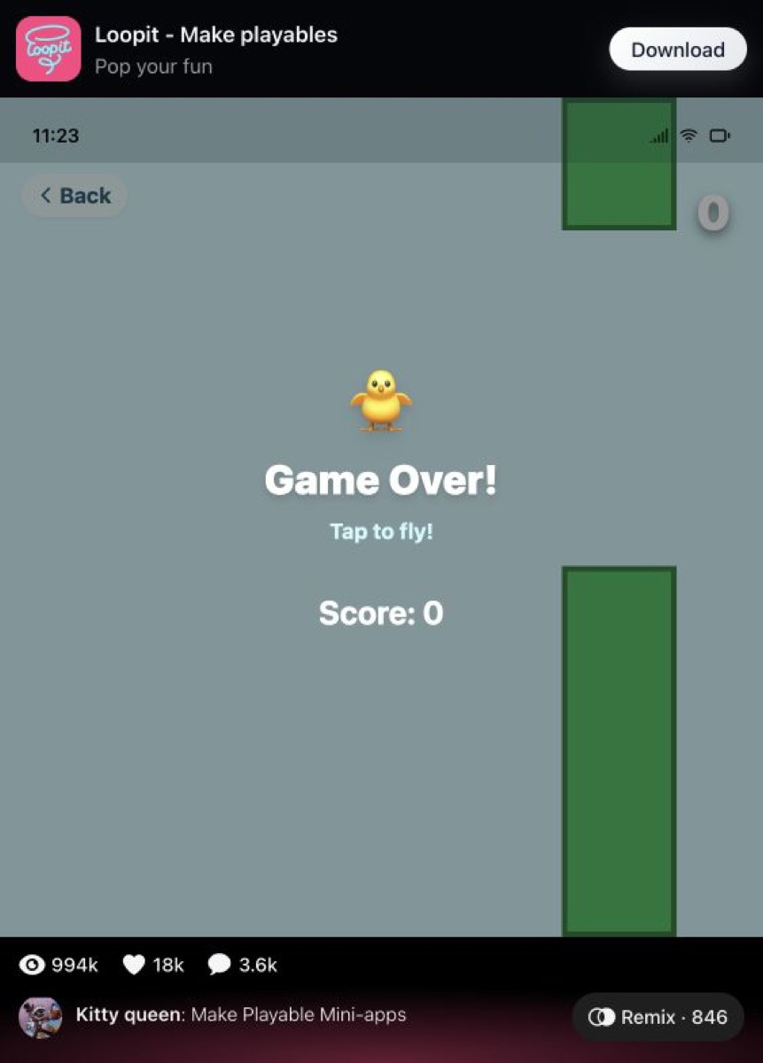 Flappy Emoji mini-app showing Game Over and Score 0.