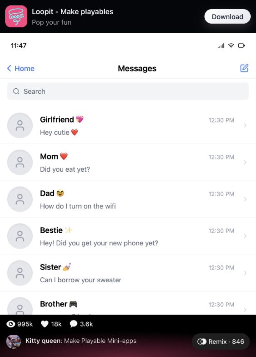 Boy branch Messages mini-app showing Girlfriend as the first contact.