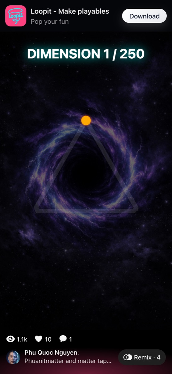 Phuanitmatter Tap Game showing Dimension 1 of 250 and an orange node.