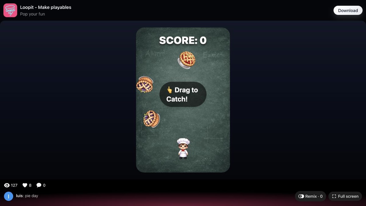 Pie Day starting board at Score zero with falling pies and a chef.