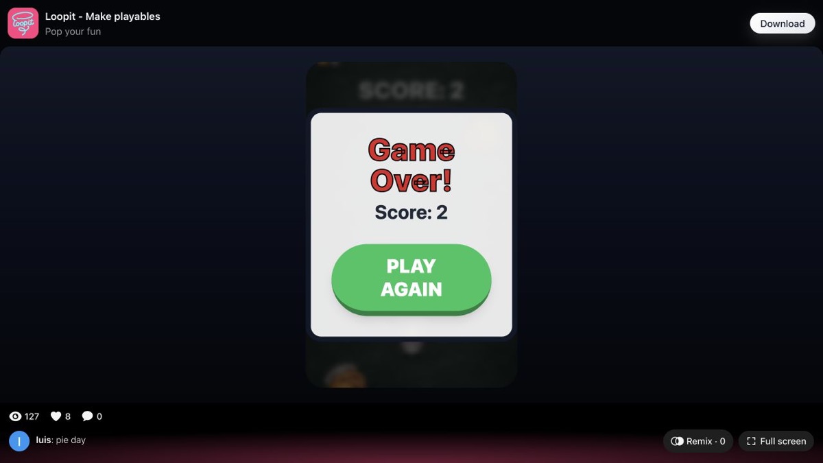 Pie Day Game Over panel showing Score two.