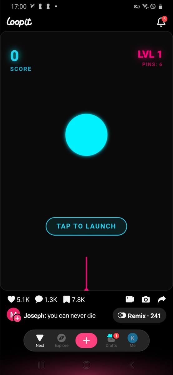 Loopit Pin Launch starting screen with blue ball, Tap to Launch prompt, and Level 1.