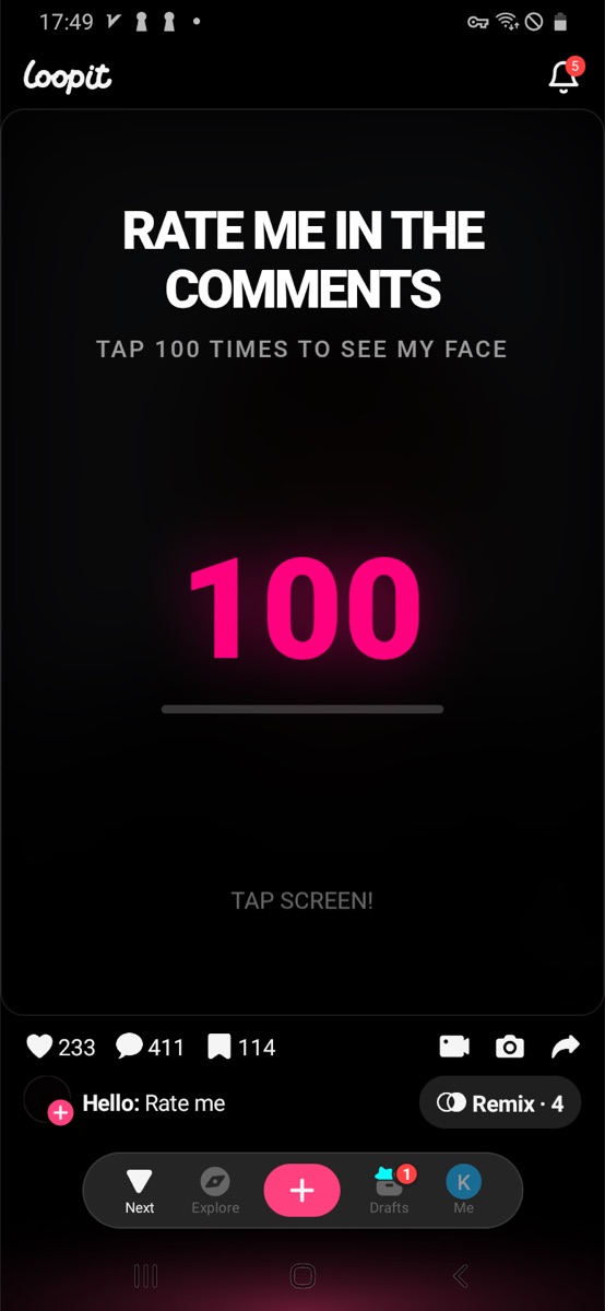 Rate Me Comments showing the 100 tap counter before completion.