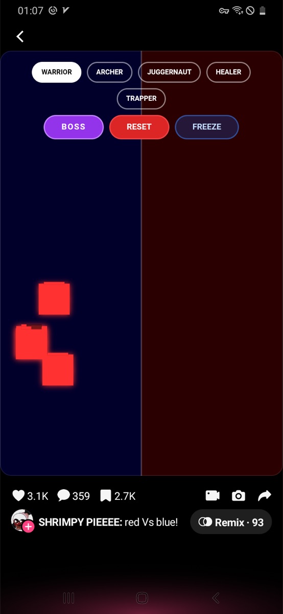 Red vs Blue Warriors screen with Warrior Archer Juggernaut Healer Trapper Boss buttons.