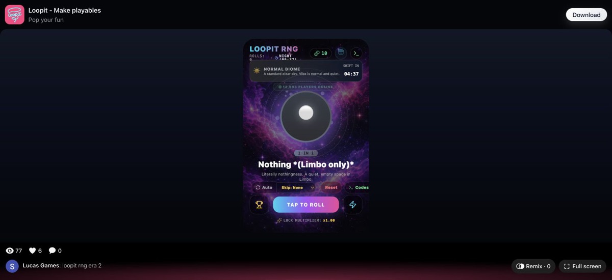 Loopit RNG entry screen with TAP TO ROLL and ROLLS: 0.