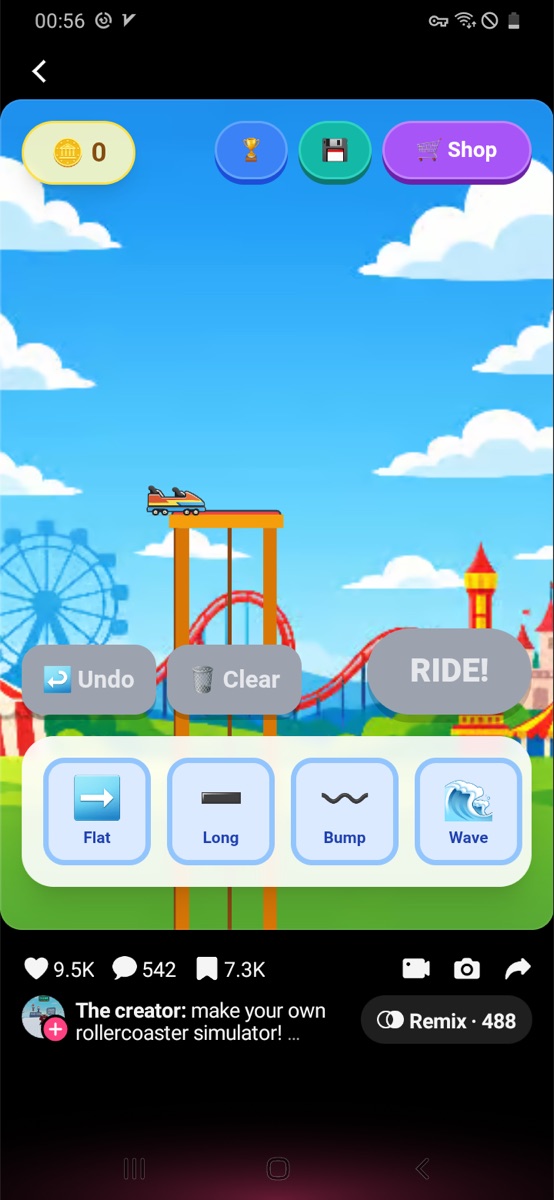 Rollercoaster Builder showing track pieces and the RIDE button.