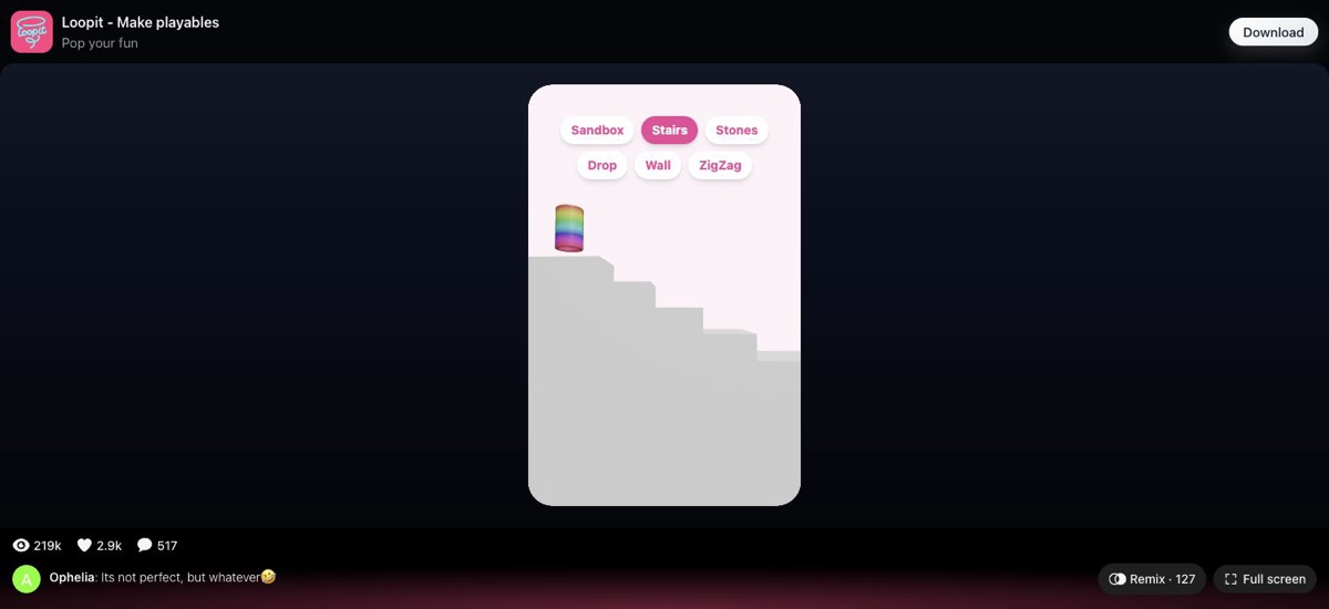Sandbox Stairs Stones Drop Wall ZigZag starting screen with a three.js canvas and mode buttons.