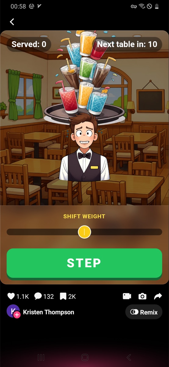 Shift Weight Server screen with waiter, stacked items, Served 0, and STEP button.