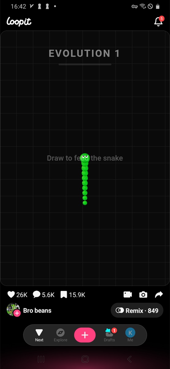 Loopit Snake Evolution starting screen showing Evolution 1 and a green snake.