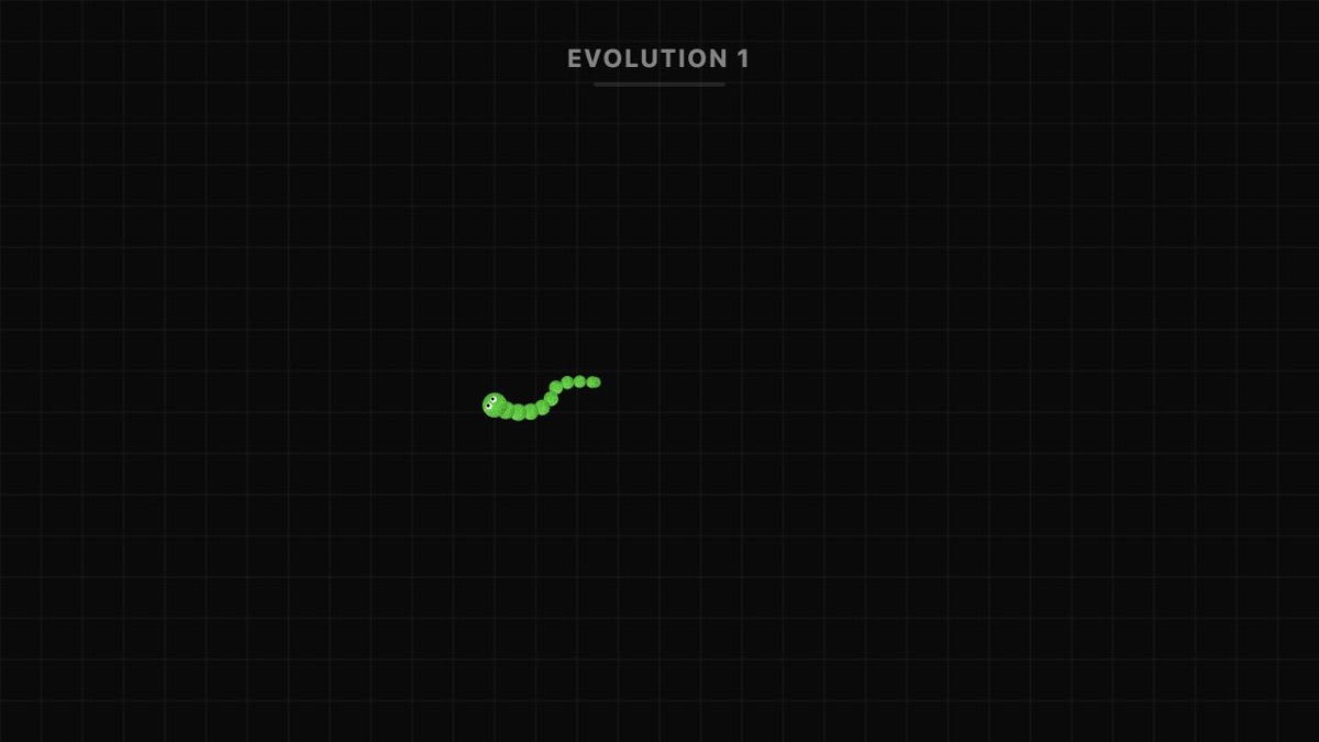 Snake Evolution Feed after a closed feeding stroke with the green snake moving through the grid.