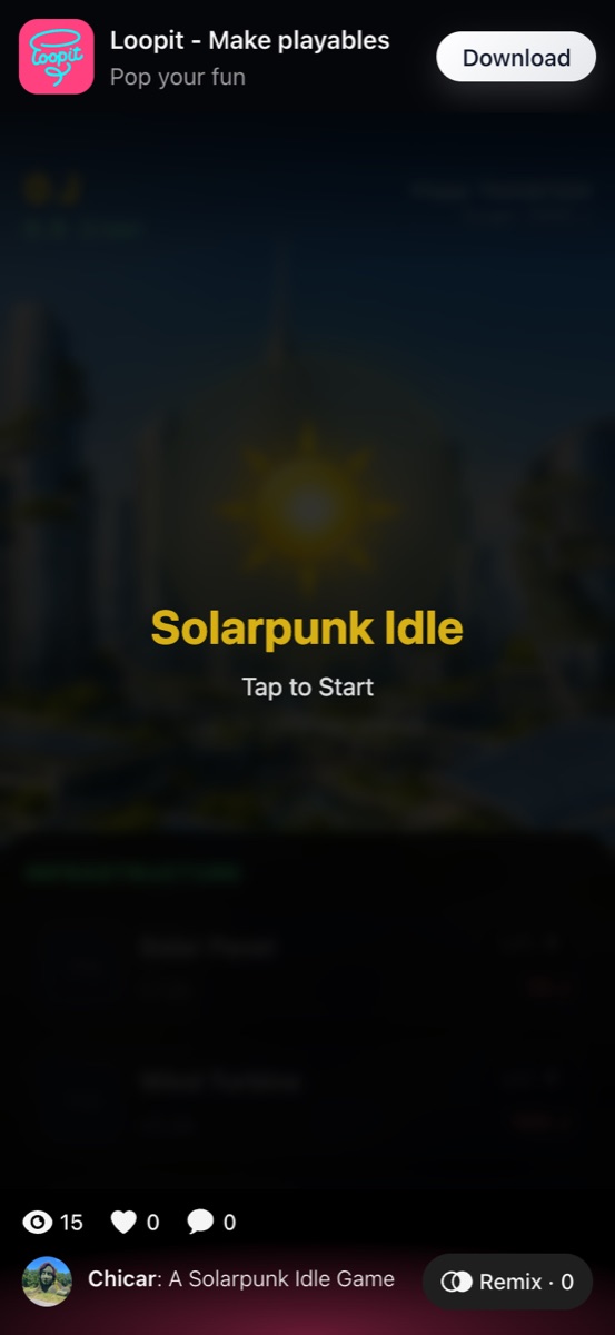 Solarpunk Idle opening overlay saying Tap to Start.