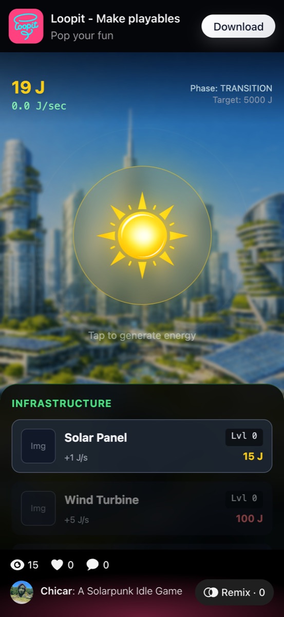Solarpunk Idle showing 19 J, zero energy per second, target 5000 J, and infrastructure costs.