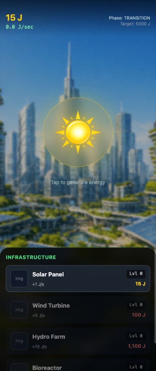 Solarpunk Idle at 15 J with the Solar Panel upgrade enabled.