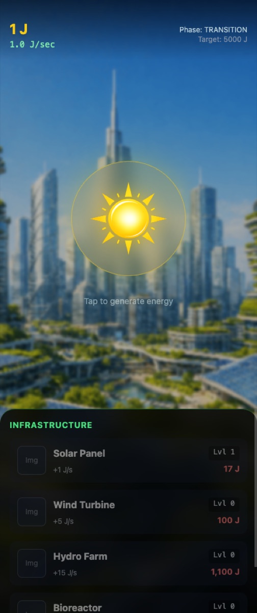 Solarpunk Idle after buying Solar Panel showing 1 J and 1.0 J per second.