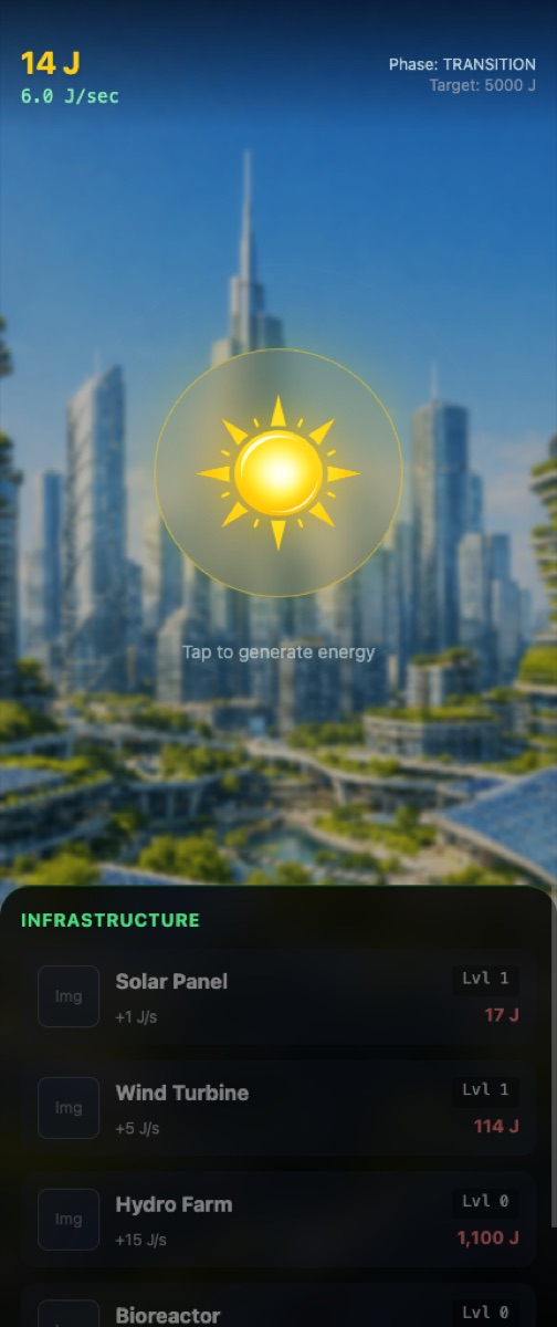 Solarpunk Idle after buying Wind Turbine showing 14 J and 6.0 J per second.