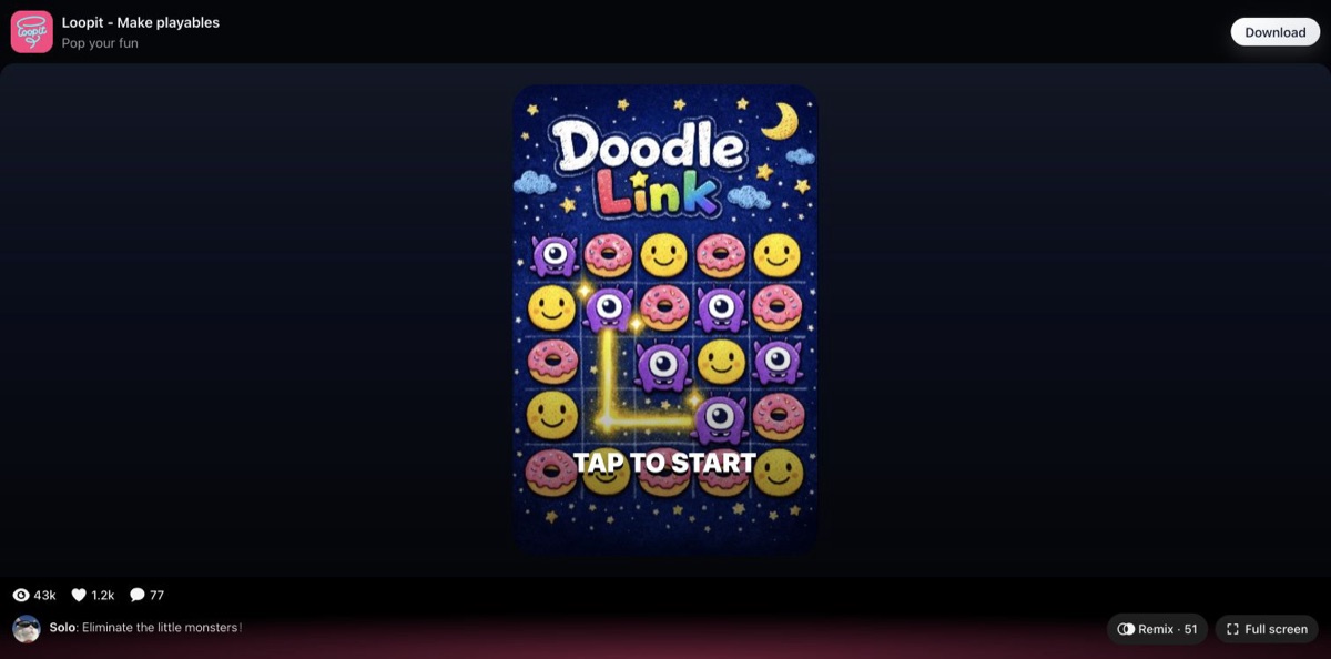 Doodle Link cover art with the TAP TO START prompt on Loopit