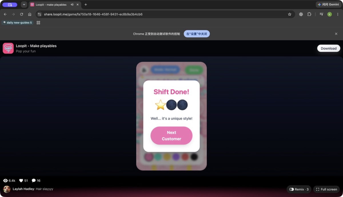 Sprinkles Salon Shift Done screen showing a one-star result.