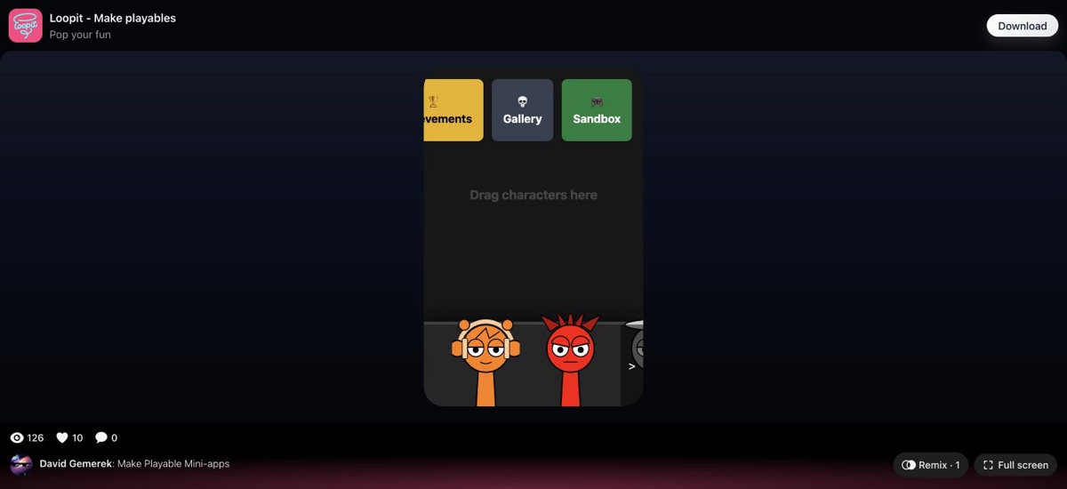 Sprunki Sandbox view with the tab row and drag prompt on Loopit